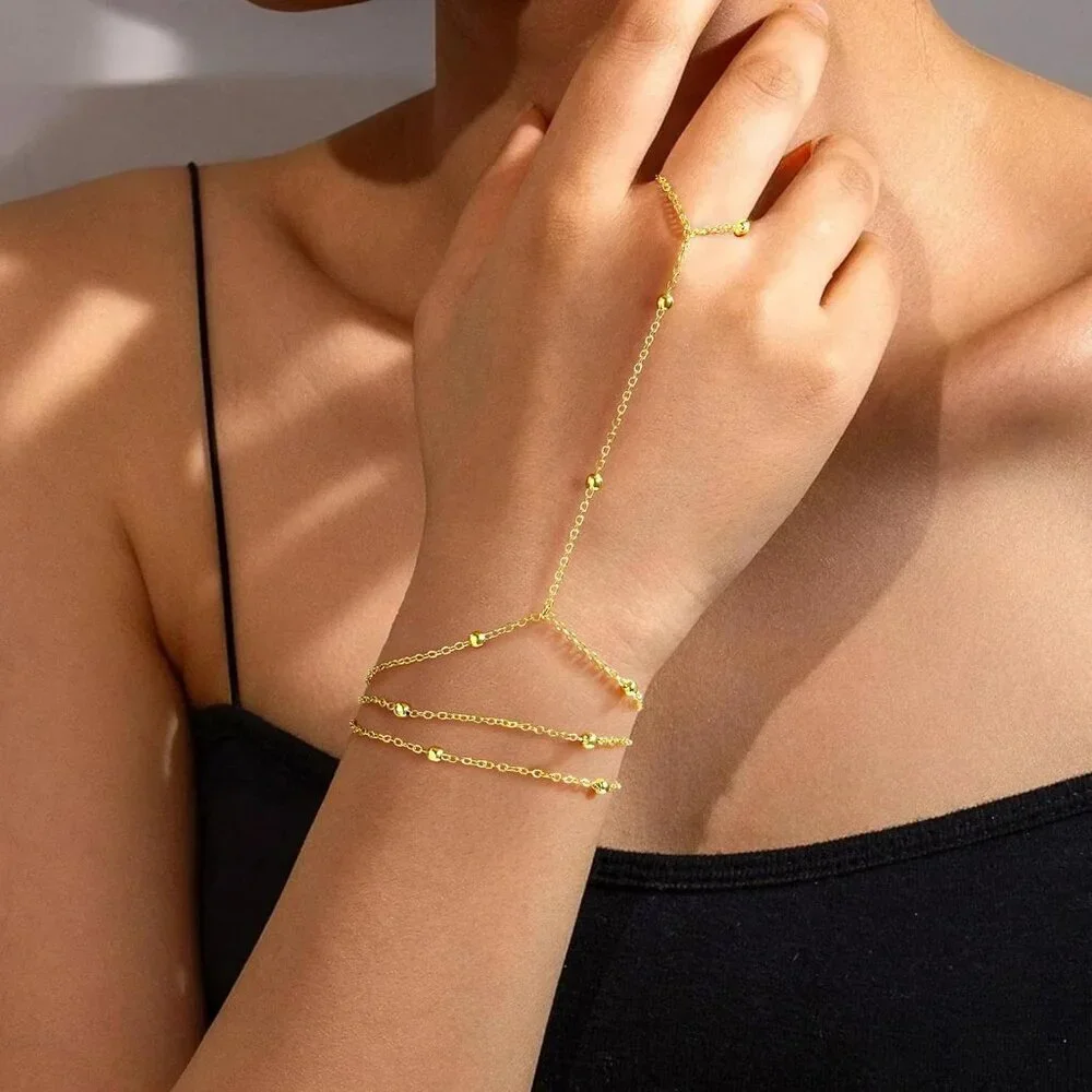 Dainty 14K Gold Plated Hand Chain Bracelet Women Layered Ring Jewelry